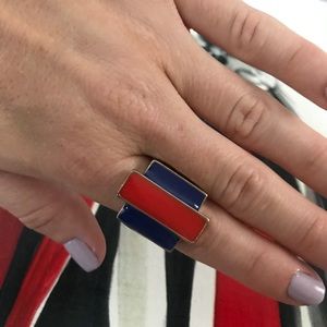 Blue and Red Color Block White Gold Ring